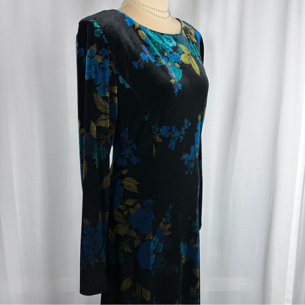 Vtg ✨GORGEOUS ✨David Warren NY Velvet Floral Maxi Dress Size 14 Long Sleeve SOFT - Picture 2 of 14